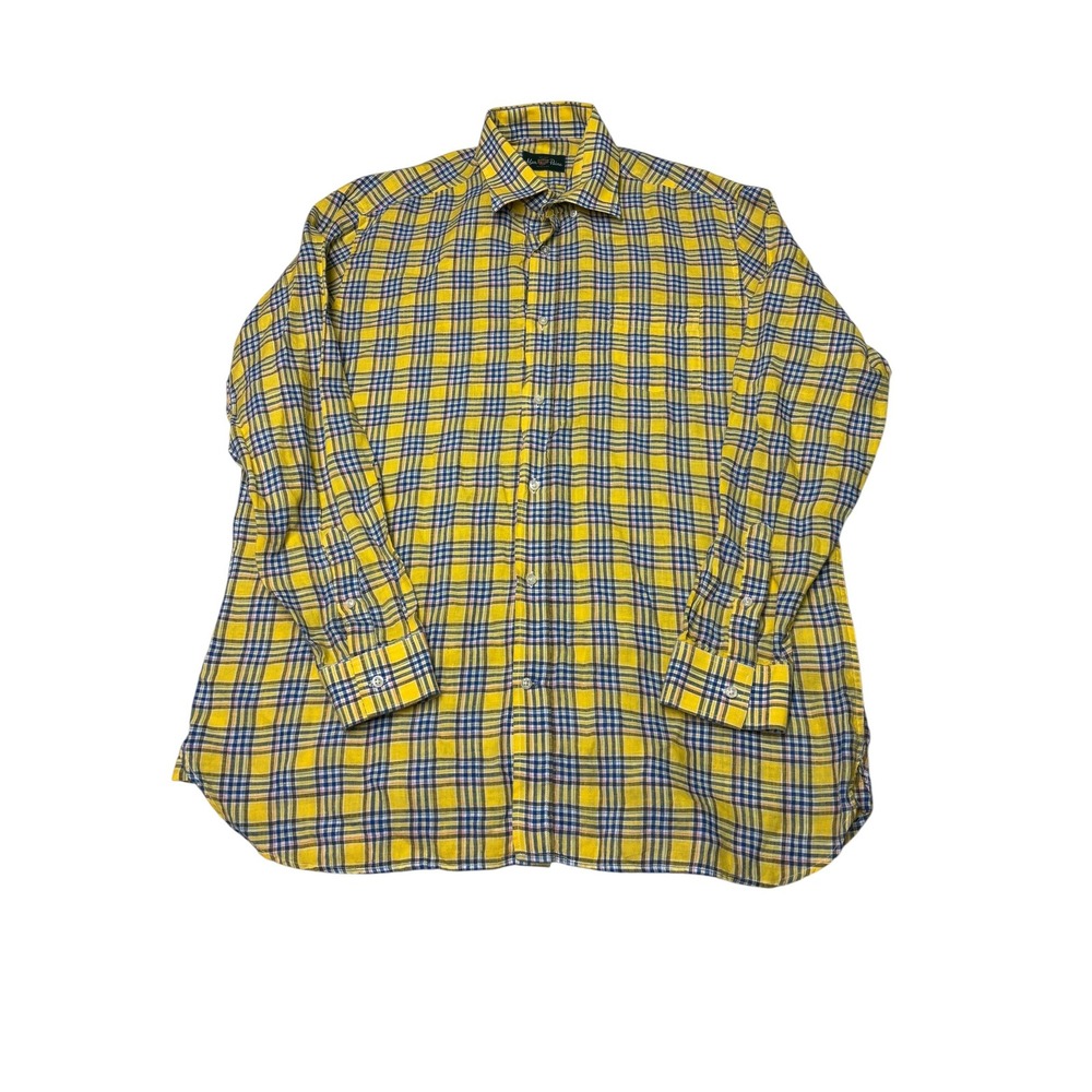 Alan Paine Mens Yellow Plaid 100% Linen Long Sleeve Button Down Shirt Size XL